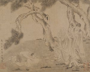 Luohan, bediende en aanbidder onder dennen, Yuan of Ming-dynastie door Unbekannt