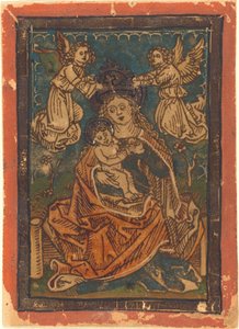 Madonna en Kind zittend op een grasrijke oever met engelen, 1480-1490