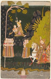 Maharaja Abhai Singh, te paard, kijkt naar meisjes die schommelen op het Teej-festival, ca. 1740 door Unbekannt