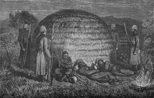 Majoor Marter en zijn mannen bewaken Cetewayo in de inheemse Kraal, ca. 1880