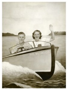 Man en Vrouw in een boot genaamd "Miss Wildwood" ca.1940 (foto) door Unbekannt