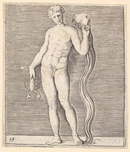 Man met rivierkreeft en urn van water, gepubliceerd ca. 1599-1622 door Unbekannt