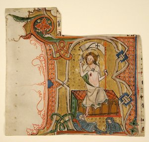 Manuscriptblad met een verlichte initiaal R met de opstanding, eind 13e eeuw