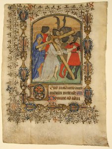 Manuscriptblad uit een Getijdenboek... Verlichte initiaal D en Christus die het kruis draagt, 1390-140