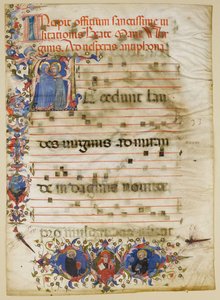 Manuscriptblad met de Visitatie in een Initiaal A en Kardinaal Adam Easton, Italiaans, ca. 1400 door Unbekannt