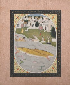 Manuscript Schilderij met Hindoeïstische Tantrische Scène met Twee Vissen door Unbekannt