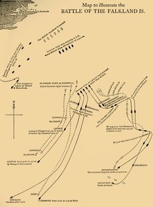 Kaart die de Slag bij de Falklandeilanden op 8 december 1914 illustreert, c1920 door Unbekannt