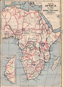 Kaart van Afrika in 1891 met routes van ontdekkingsreizigers