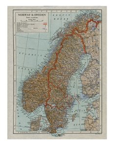 Kaart van Noorwegen en Zweden, 19e eeuw