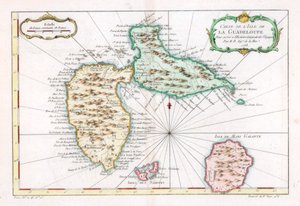 Kaart van het Caribische eiland Guadeloupe, ca. 1764