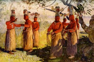 Gemaskerde dansers van Opaina, rivier Apaporis, Brazilië