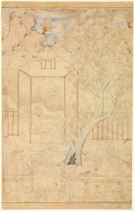 Meester en discipel in een tuinpaviljoen, enkele pagina illustratie, ca. 1570-1590s door Unbekannt