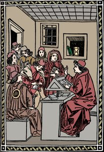Meester met zijn studenten. Christoforo Landino, 1492