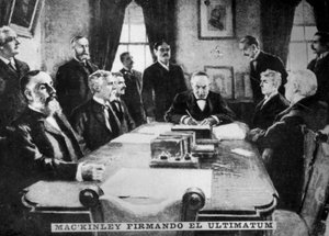 McKinley ondertekent het ultimatum, 12 april 1898, ca. 1910