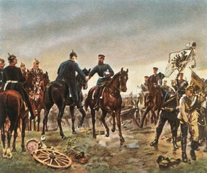Ontmoeting van koning Wilhelm I en kroonprins Friedrich Wilhelm bij...Königgrätz, 3 juli 1866, 1936 door Unbekannt