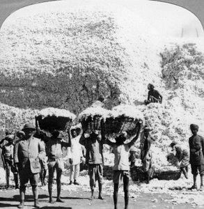 Mannen die manden met katoen dragen in een katoenfabriek in Indore, India, 1900s door Unbekannt