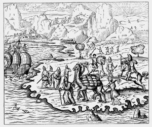Kooplieden die goederen naar de kust en een wachtend schip vervoeren per kameel, 1575