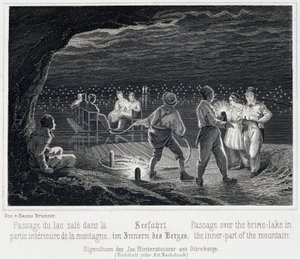 Zoutmijn: de oversteek van het zoute meer, binnen de berg, rond 1850, in Durrnberg, Oostenrijk door Unbekannt