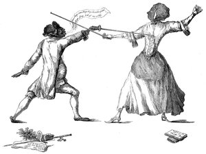 Mlle la Chevaliere dEon de Beaumont schermend in Carlton House, 9 april 1787 door Unbekannt