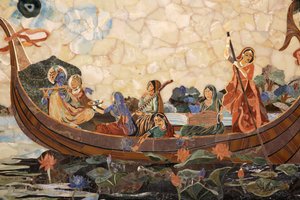 Mozaïek die de hindoegod Krishna met gopi