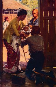 Mevrouw Judson brengt haar kind naar haar geketende echtgenoot, ca. 1912 door Unbekannt