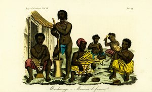 Muchicongo mannen en vele vrouwen buiten een hut, Angola