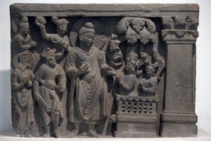 Nationaal museum van India, Delhi. Boeddha met Naga-Kalika. Gandhara, 2e eeuw n.Chr., Steen. Uitgeleend door Mayo College museum, Ajmer. India.