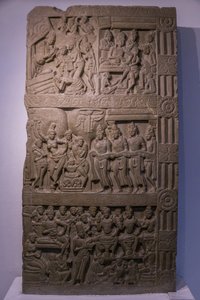 Nationaal museum van India, Delhi. Scènes uit het leven van Boeddha. Ikshvaku, 3e eeuw n.Chr. Nagarjunakonda, Andhra Pradesh. Grijsachtige kalksteen. (detail). India. door Unbekannt
