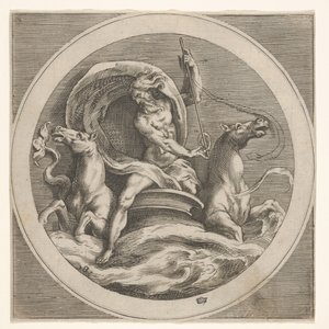 Neptunus die uit de zee oprijst en een staf draagt, vergezeld door twee paardhoofden...