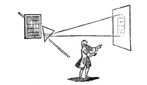 Newtons experiment waarbij wit licht wordt gesplitst in de kleuren van het spectrum door een prisma, 1757