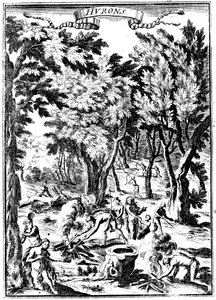 Noord-Amerikaanse Huron-indianen jagen en bereiden voedsel in het bos, 1686