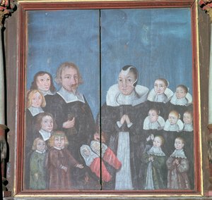 Noors schilderij van een gezin met veertien kinderen, 17e eeuw