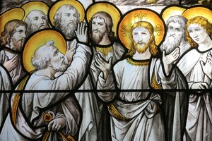 Notre Dame de Beaune kerk glas-in-loodraam: Sint Pieter protesteert zijn trouw aan Christus, Beaune, Frankrijk door Unbekannt