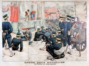 Japanse soldaten buiten dienst in het theater in hun kamp, Russisch-Japanse oorlog, 1904 door Unbekannt