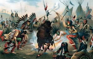 Oleografie van een Sioux oorlogsdans, ca. 1890