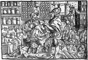 Operatie aan het hoofd van een man. Uit: Die große Wundarzney door Theophrastus Bombastus von Hohenheim, 1562 door Unbekannt