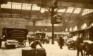 Elektrische pakketdrager boven het hoofd, Victoria Station, Manchester, 1930