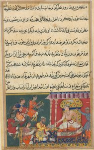 Pagina uit Verhalen van een papegaai Tuti-nama: Achtste nacht: De astroloog voorspelt een ramp..., 1558-1560 door Unbekannt
