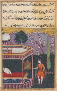 Pagina uit Verhalen van een papegaai Tuti-nama: Achtste nacht: De papegaai spreekt Khujasta toe..., 1558-1560