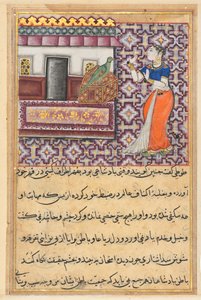 Pagina uit Verhalen van een papegaai Tuti-nama: Vijftigste nacht: De papegaai spreekt Khujasta toe..., ca. 1560 door Unbekannt