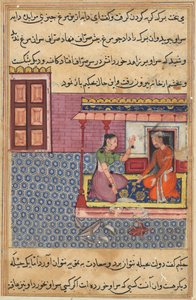 Pagina uit Verhalen van een papegaai Tuti-nama: Tweeënvijftigste nacht: De vrome vrouw..., ca. 1560 door Unbekannt