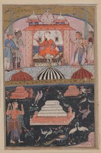 Pagina uit Verhalen van een papegaai Tuti-nama: Eerste nacht: De koopman hoort, c. 1560 door Unbekannt
