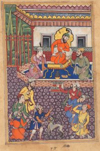 Pagina uit Verhalen van een papegaai Tuti-nama: Zesenveertigste nacht: Het hof van de Raja van Ujjain, ca. 1560 door Unbekannt