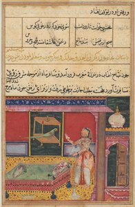 Pagina uit Verhalen van een Papegaai Tuti-nama: Zesde nacht: De papegaai spreekt Khujasta aan..., ca. 1560 door Unbekannt
