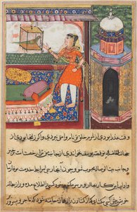 Pagina uit Verhalen van een Papegaai Tuti-nama: Tiende nacht: De papegaai spreekt Khujasta toe, ca. 1560 door Unbekannt