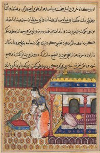 Pagina uit Verhalen van een Papegaai Tuti-nama: Achtendertigste nacht: De papegaai spreekt Khujasta toe, ca. 1560 door Unbekannt