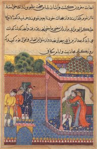 Pagina uit Verhalen van een Papegaai Tuti-nama: Tweeëndertigste nacht: Khurshid herenigd..., c. 1560