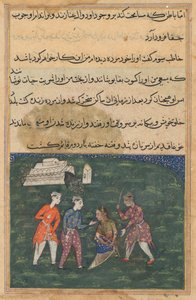 Pagina uit Verhalen van een papegaai Tuti-nama: Twintigste nacht: De derde vrijer slaat..., ca. 1560