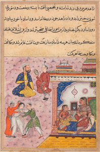 Pagina uit Verhalen van een papegaai Tuti-nama: Twintigste nacht: Drie vrijers vechten..., ca. 1560 door Unbekannt