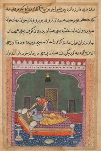 Pagina uit Verhalen van een Papegaai Tuti-nama: Vijfentwintigste nacht: Om valselijk te beschuldigen..., ca. 15e eeuw